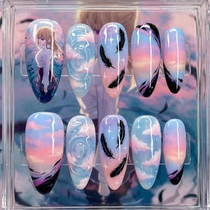 Animeflicka Ruby-inspirerade press-on-naglar | Japan Idol Anime | Solnedgång Molnhimmel 3D Vattenrippel Lösnaglar Mandel