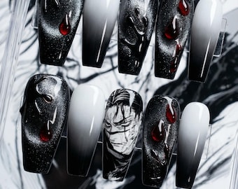 Manga Press on Nails | Black White Ombre 3D Blood Drops Cat Eye Fake Nails Dark Aesthetic Gothic Long Coffin Custom