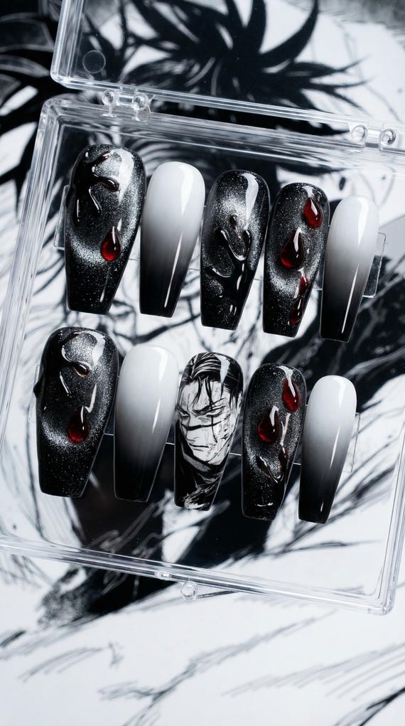 Manga Press on Nails | Black White Ombre 3D Blood Drops Cat Eye Fake Nails Dark Aesthetic Gothic Long Coffin Custom
