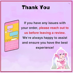 May include: A pink and yellow cartoon smartphone with a pink keyboard is featured on a pink background. Text reads "Thank You" and a customer service message. A cartoon girl is in the bottom right corner.