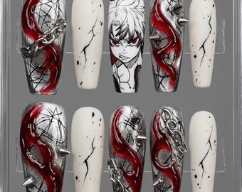 Trumna Sanemi Press On Nails | Manga Blood, srebrny łańcuszek, gotycki punk