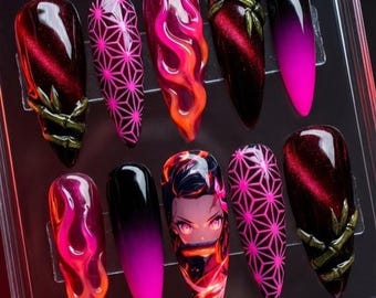 Demon Slayer Nezuko Press On Nails | Red Black Cat Eye Pink Pattern Stiletto Nails Anime Inspired 3D Bamboo Flame Nails