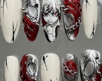 Paznokcie z nadrukiem migdałowym w stylu anime | Czerwony i srebrny gotycki punk
