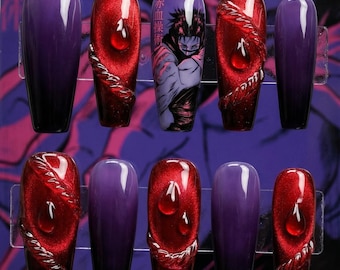 Anime Press on Nails | Blood Manipulation 3D Red Eye Cat Eye Nails | Dark Aesthetic Gothic Fake Nails | Luxury Coffin Long Nails