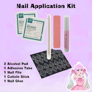 May include: A nail application kit with the text "Nail Application Kit". The kit includes two alcohol prep pads, adhesive tabs, a nail file, a cuticle stick, and nail glue. A cartoon image of a girl is in the bottom right corner.