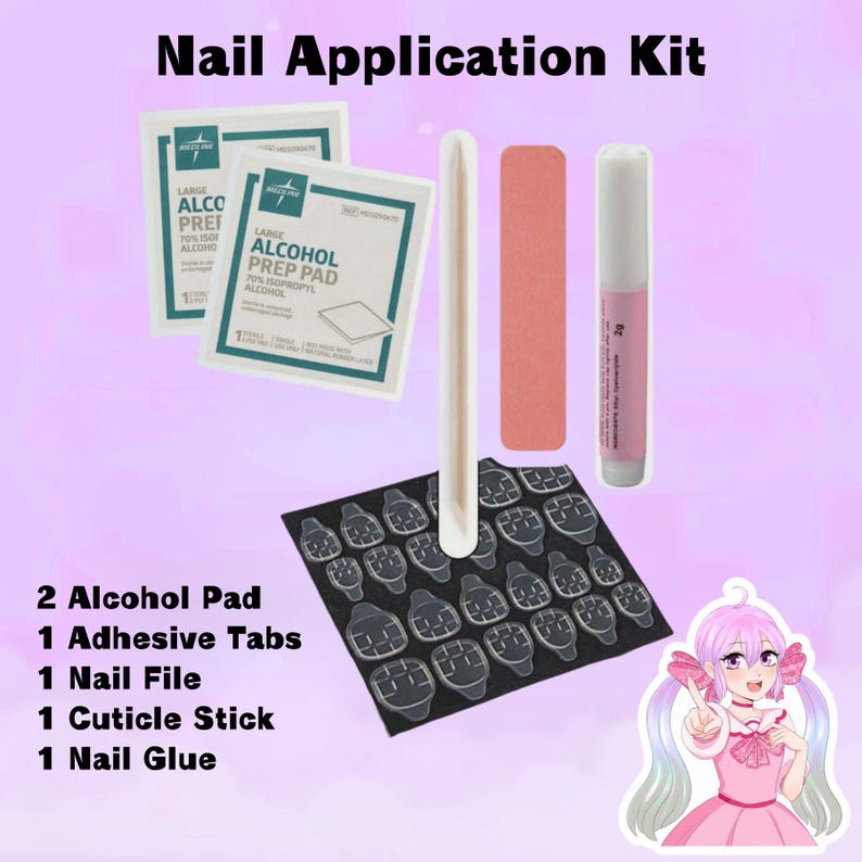 May include: A nail application kit with the text "Nail Application Kit". The kit includes two alcohol prep pads, adhesive tabs, a nail file, a cuticle stick, and nail glue. A cartoon image of a girl is in the bottom right corner.