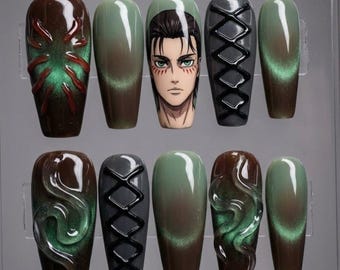 Trumna Eren Atak Tytanów Prasa do Paznokci | Zielone Kocie Oko 3D Design Taktyczna Manga Niestandardowe Sztuczne Paznokcie Prezent Noworoczny