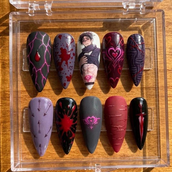 Anime Yandere Press Ons | Long Stiletto Goth Bloody Custom Nail