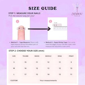 May include: A size guide for nails, with instructions on how to measure nail size using tape or paper. The guide includes a chart with sizes S, M, and L, and their corresponding measurements in millimeters for each finger. The brand logo is visible.