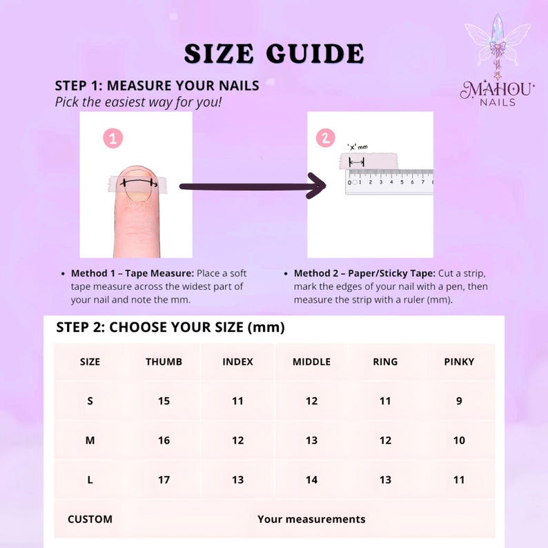 May include: A size guide for nails, with instructions on how to measure nail size using tape or paper. The guide includes a chart with sizes S, M, and L, and their corresponding measurements in millimeters for each finger. The brand logo is visible.
