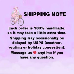 May include: A pink graphic with the text "SHIPPING NOTE" and additional text about handmade orders and potential shipping delays. A cartoon illustration of a person on a bicycle is in the upper left corner.