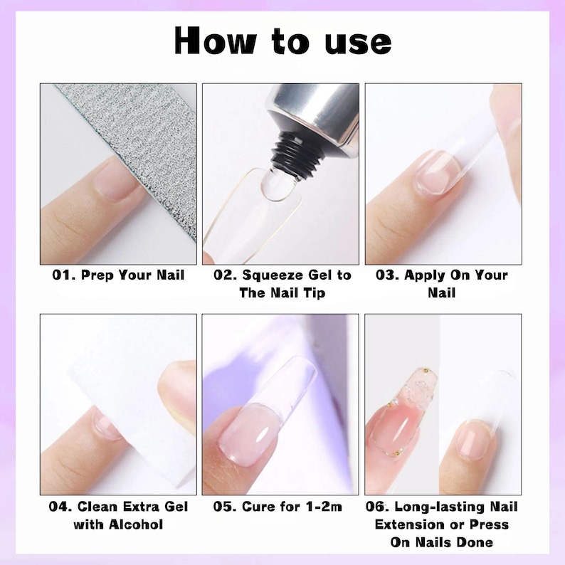 May include: A step-by-step guide on how to apply nail extensions. The image shows six steps, including prepping the nail, applying gel, curing, and cleaning. The text reads "How to use" at the top.