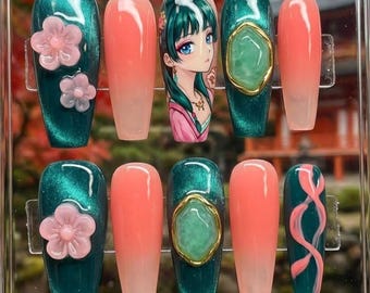 Paznokcie z nadrukiem Anime Girl Press On | Kamień jadeitowy, paznokcie w kształcie trumienki Sakura Flower