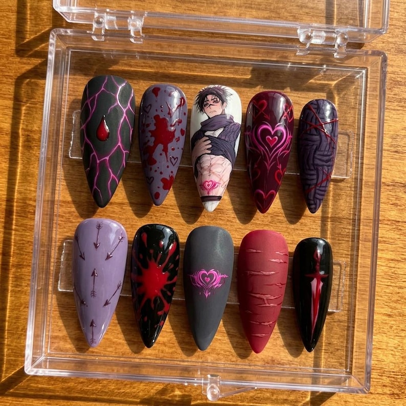 Anime Yandere Press Ons | Long Stiletto Goth Bloody Custom Nail image 2