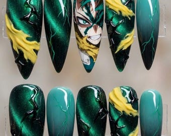 Dark Green Cat Eye Press On Nails | 3D Deku Anime Stiletto