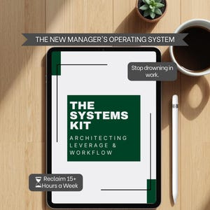 Puede incluir: Una tableta muestra "The Systems Kit" con el texto "Architecting Leverage & Workflow". La imagen incluye una taza de café, una planta suculenta y un lápiz óptico. También se ve el texto "The New Manager's Operating System" y "Reclaim 15+ Hours a Week".