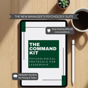 May include: A digital tablet displays "The Command Kit" with the text "Psychological Protocols for Leadership." Additional text includes "Stop fearing difficult conversations" and "Verbatim Scripts for Firing & Tears." A white stylus and a cup of coffee are also visible.