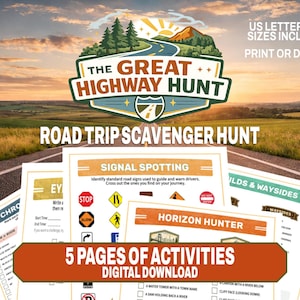 Puede incluir: Descarga digital para una búsqueda del tesoro de viaje por carretera. El diseño presenta un logotipo con una escena de carretera y montaña, y el texto "The Great Highway Hunt". Incluye 5 páginas de actividades, tamaños US Letter y A4.
