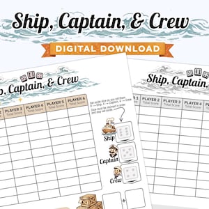 以下が含まれることがあります： 航海をテーマにした「Ship, Captain, & Crew」のデジタルダウンロードゲームシート。デザインは波のイラストとサイコロのアイコンが特徴です。ゲームシートには、プレイヤーのスコアと指示のためのスペースが含まれています。