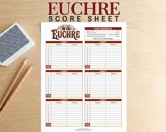 Arkusz wyników Euchre do druku | Karta wyników Euchre w formacie PDF | 6 gier na arkuszu | Format US Letter i A4 | Natychmiastowe pobranie