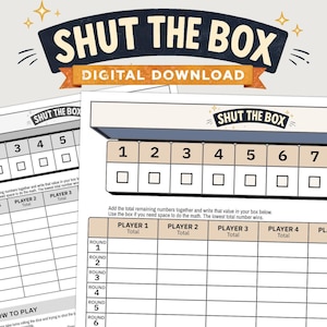 May include: A digital download of a Shut the Box game board. The game board has numbered boxes from 1 to 9, with spaces for players to record their scores. The text "Shut the Box" is displayed at the top, with "Digital Download" below.