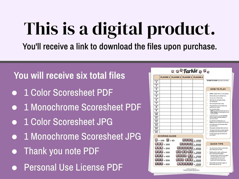 May include: A digital product listing for a Farkle game scoresheet. The image displays text stating it is a digital product with six files included, such as color and monochrome PDFs and JPGs, a thank you note, and a license. A scoresheet is shown.