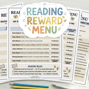 May include: A set of printable reading reward menus with a colorful cloud-shaped header that reads "Reading Reward Menu." The menus include reading challenges and rules, with pencils and a pen in the foreground.