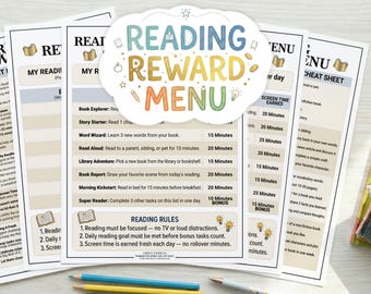 Menu nagród za czytanie do druku | Tabela czytania dla dzieci | Zdobądź czas przed ekranem, czytając | Edytowalne i do wypełnienia | Format US Letter / A4 | Natychmiastowe pobranie