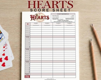 Arkusz wyników Hearts do druku | Karta wyników gry karcianej Hearts w formacie PDF | 20 rund | Format US Letter i A4 | Natychmiastowe pobranie