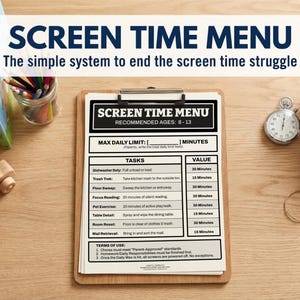 May include: A clipboard displays a "Screen Time Menu" with tasks and values, aimed at ages 8-13. The menu features tasks such as "Dishwasher Duty" and "Focus Reading." A stopwatch, a small plant, and a wooden toy car are also on the wooden surface.