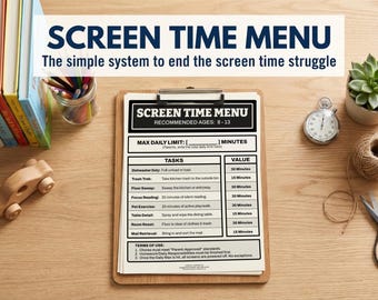 Minimalistyczne menu czasu przed ekranem | Zasady i umowa dotyczące czasu przed ekranem | Rejestrator czasu spędzonego przed ekranem | Wydrukowana tabela obowiązków dla dzieci dotyczących czasu przed ekranem