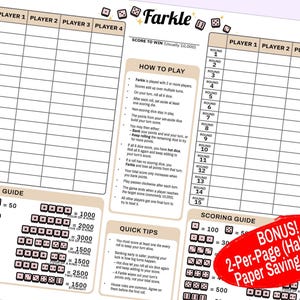 May include: A printable Farkle score sheet featuring two game grids for four players, a central how-to-play section, and a scoring guide with dice illustrations. A red oval graphic in the bottom right corner contains the text BONUS! 2-Per-Page.