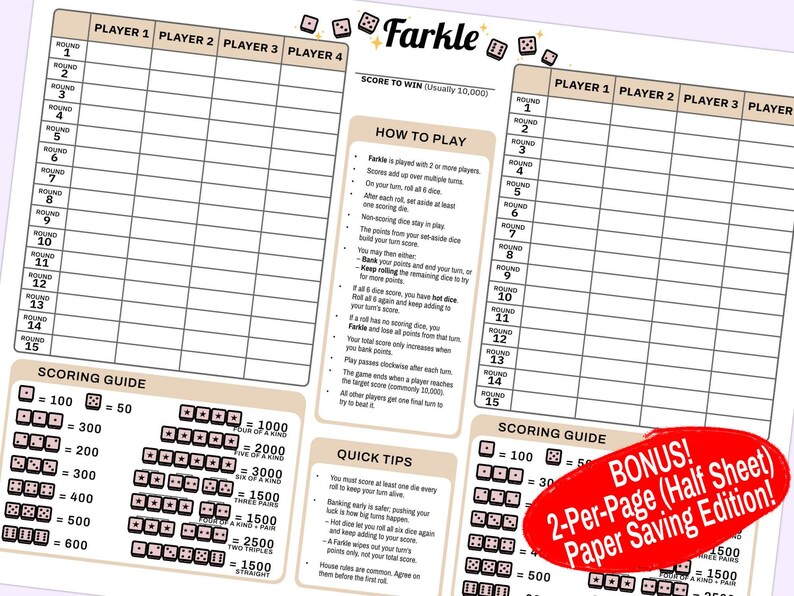 May include: A printable Farkle score sheet featuring two game grids for four players, a central how-to-play section, and a scoring guide with dice illustrations. A red oval graphic in the bottom right corner contains the text BONUS! 2-Per-Page.