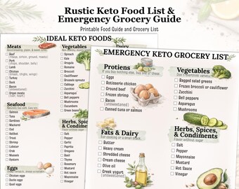 Lista produktów keto do druku | Ilustrowany przewodnik kulinarny Rustic i lista zakupów na wypadek sytuacji awaryjnej | Pobierz natychmiast
