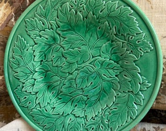 Vintage Green Leaf Majolica Plate from Portugal