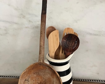 Antique Hand Carved Wooden Ladle: Primitive Kitchen Utensil, 22"