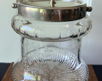 Antique English Cut Crystal Biscuit Barrel with Silverplate Lid and Handle, 1800s