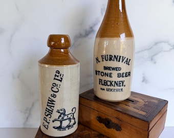 Antique English Stoneware Beer Bottles. Great transferware labeling. Collectable Bottles.