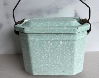Vintage French Enamel Lunch Pail: Green & White Kitchen Decor