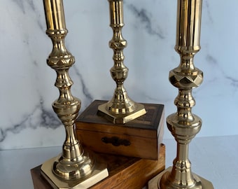 Vintage English Brass Candlesticks, A Trio, Made in England