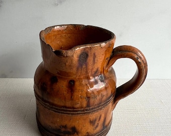 Antique French Side Spout Pottery Pitcher: Jaspe Glaze, Provence Kitchen Decor