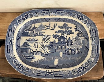 Antique Blue Willow Ironstone Platter: English Transferware, Chinoiserie Decor