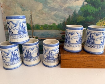 Vintage Windjammer Blue and White Mugs, Vintage Tankyards, Set of 6