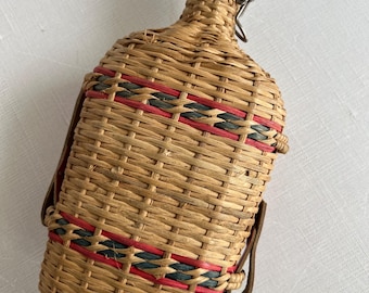 Antique French Wicker Glass Flask: Hand Woven Liquor Bottle