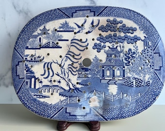Antique Blue Willow Transferware Meat Drainer Platter, English, Chinoiserie