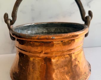 Vintage Copper Pot Hand Forged Handle, Rustic Kitchen Planter, Storage Bowl
