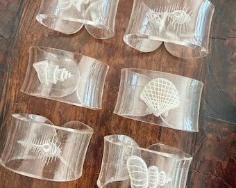 Vintage Sea Shell Lucite Napkin Rings, Set of 6, Nautical, Preppy, Shell Collector