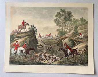 Antique Hand-Colored Equestrian Lithograph: Fox Hunting Art, French Print