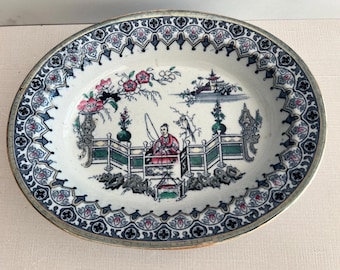 Antique Chinoiserie Transferware Bowl: Navy, Pink & Green Porcelain