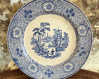 Antique Blue Transferware Plate: 1800s Singanese Chinoiserie Decor